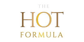 Logotipo con las palabras “HOT FORMULA”; “HOT” en grandes letras degradadas de bronce y “FORMULA” debajo en letras amarillas, todo sobre un fondo blanco.