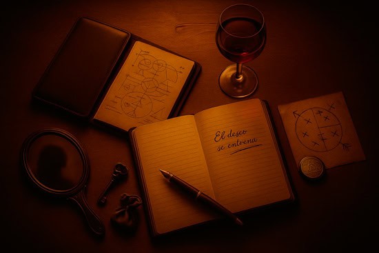 Un cuaderno abierto con escritura española, una pluma, una copa de vino, un espejo, una llave, una bolsa, una moneda y papeles con símbolos misteriosos sobre una mesa poco iluminada.
