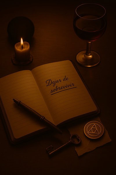 Un cuaderno abierto con "Dejar de sobrevivir" escrito en su página, un bolígrafo, una vela encendida, un vaso de vino tinto, una llave vieja y un medallón redondo sobre una mesa.