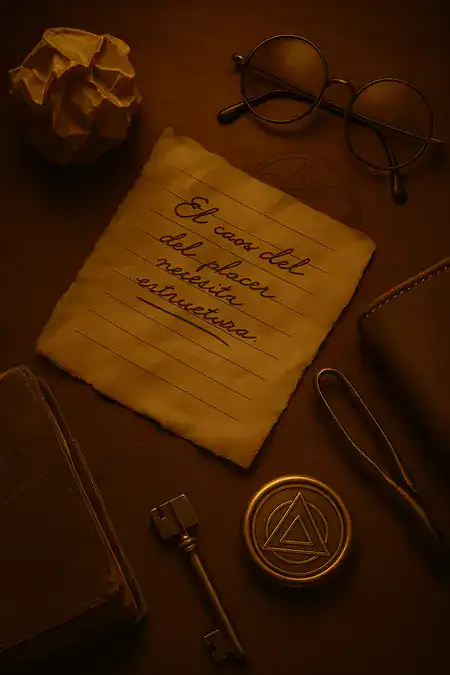 Una nota manuscrita en español, unas gafas, una bola de papel arrugado, un libro, una llave, una moneda y una bolsa de cuero están dispuestos sobre una superficie marrón.