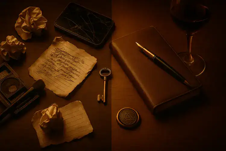 Una mesa muestra papeles arrugados, una nota manuscrita, una llave, un teléfono, un cuaderno con bolígrafo, una moneda con un símbolo y un vaso de vino tinto.