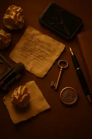 Una capa plana de papel arrugado y roto, una nota manuscrita, una brocha de maquillaje, una llave metálica, un bolígrafo, una polvera, un reloj de bolsillo y una cartera sobre una superficie marrón.