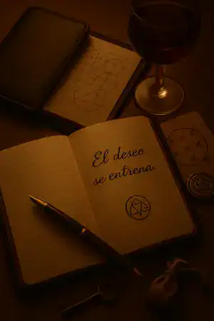 Un cuaderno abierto con la frase "El deseo se entrena", un bolígrafo, una llave, una bolsa, un sello de lacre y un vaso de vino tinto sobre una mesa poco iluminada.