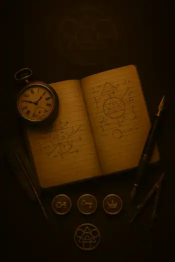 Un cuaderno abierto con dibujos geométricos y alquímicos, un reloj de bolsillo, una pluma, monedas con símbolos, una pluma y útiles de dibujo dispuestos sobre una superficie oscura.