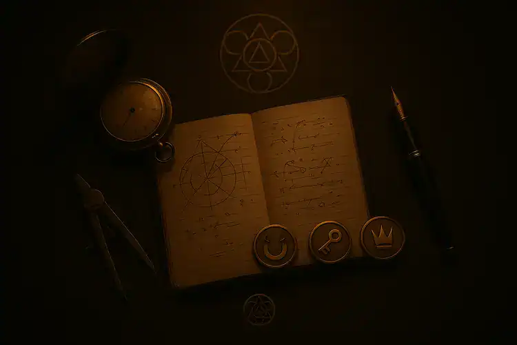 Un cuaderno abierto con esbozos y símbolos geométricos, una brújula, tres fichas metálicas, una pluma estilográfica y un reloj de bolsillo dispuestos sobre una superficie oscura.
